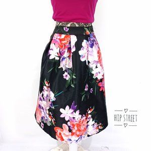 LARA Floral Satin Box Pleat Full Skirt M NWT
